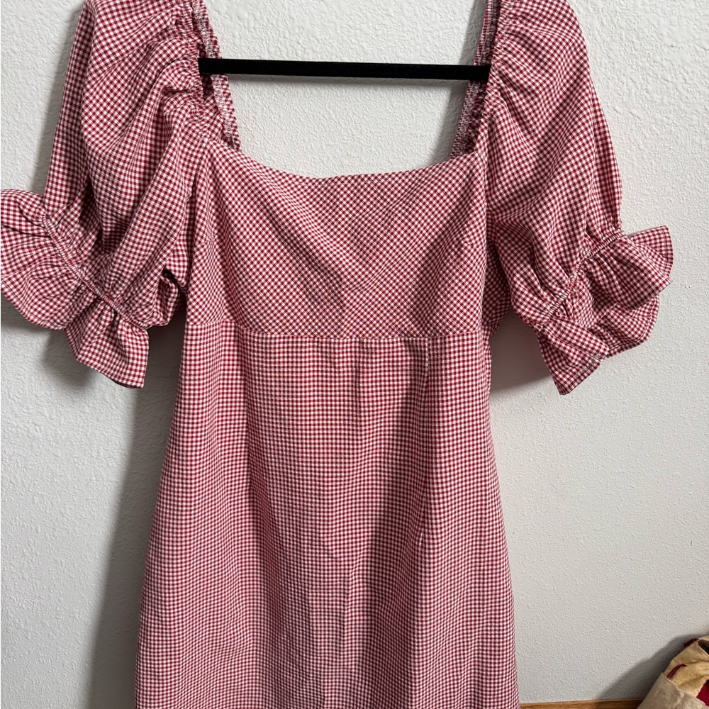 Blue Rain Red Gingham Puff Sleeve Mini Dress